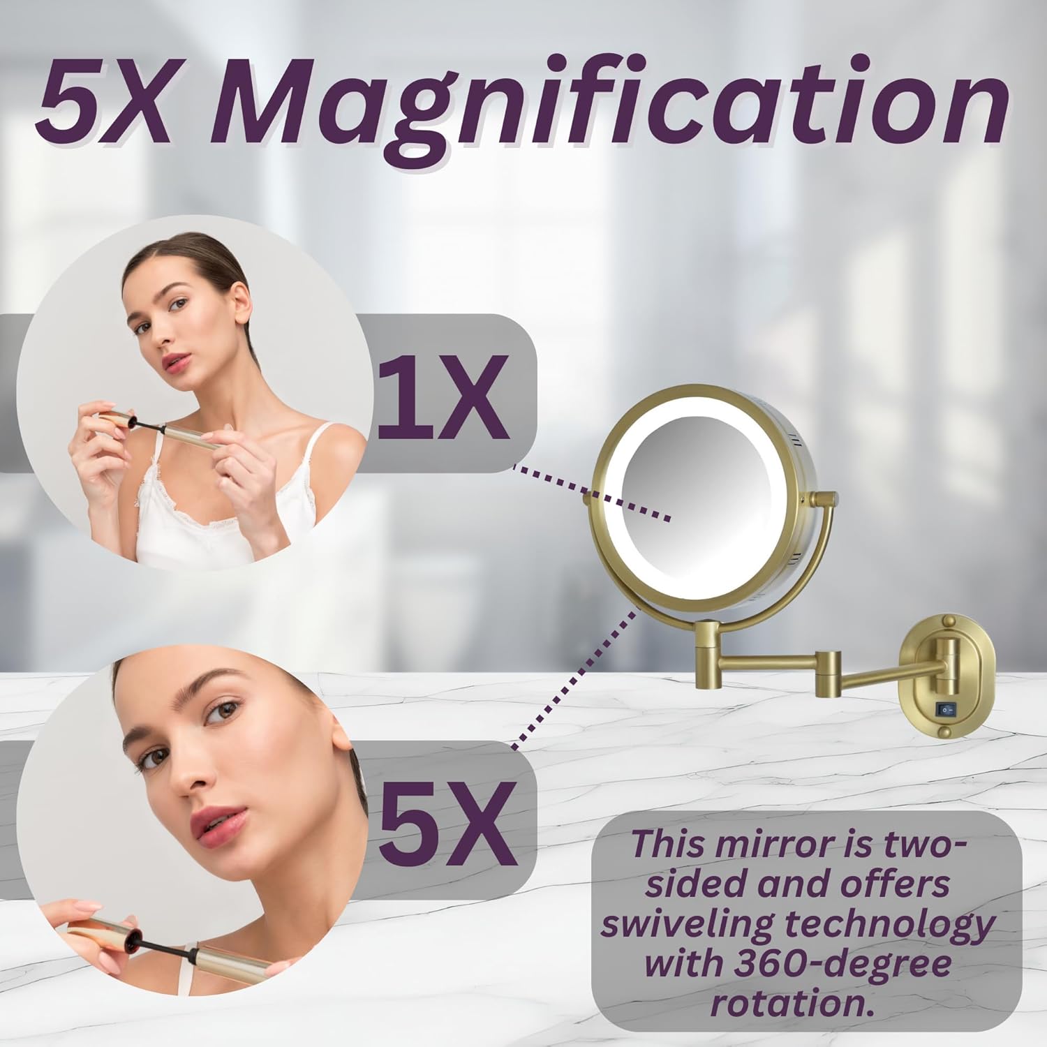 JERDON Wall-Mounted Makeup Mirror with 5X Magnification - Gold Makeup Mirror with LED Lights - Direct Wire - Model HL65BGD