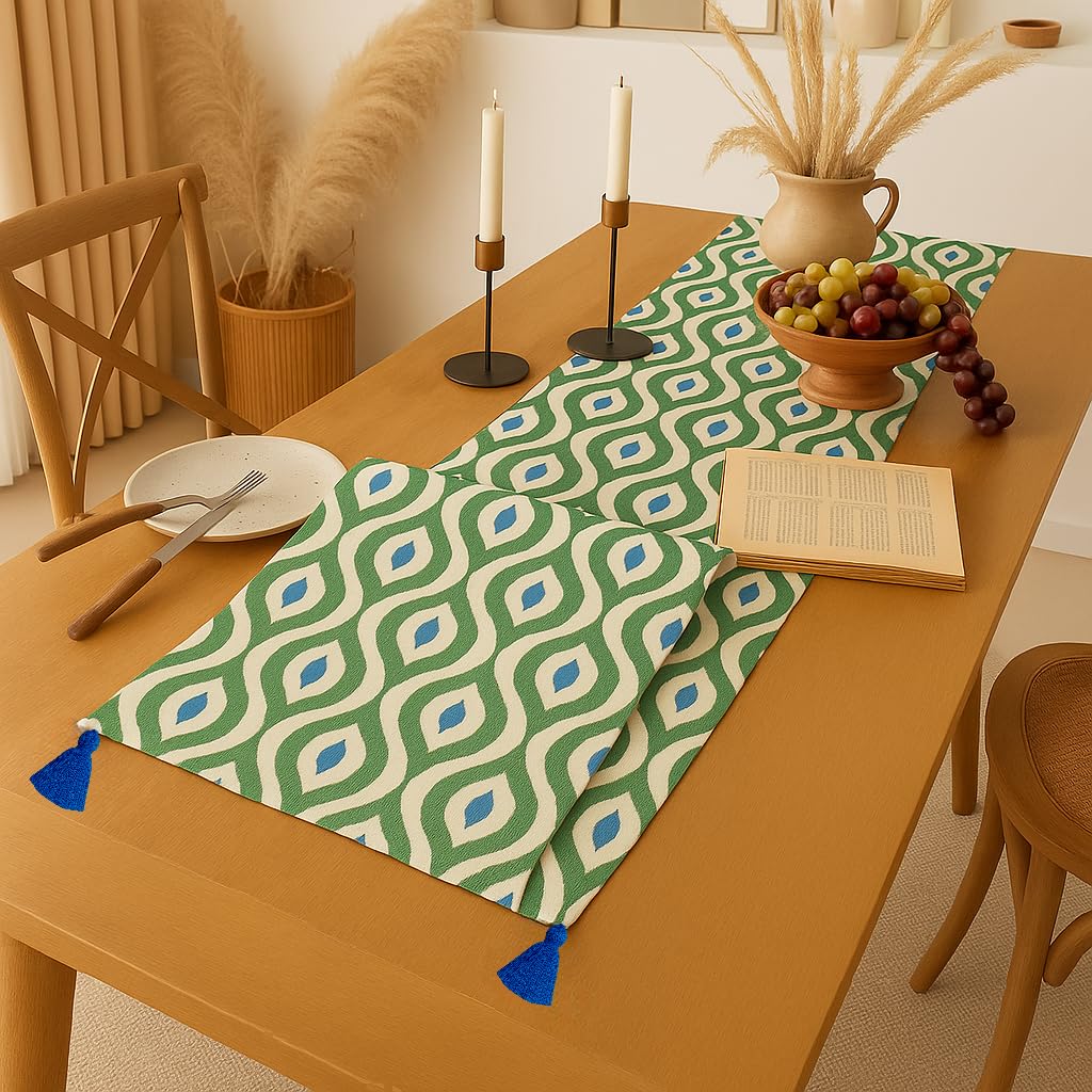 WWW.THROWPILLOW.IN Azure Ikat Print Tassel Boho Table Runner 13x96 Inches | Fits 7 Feet TV Unit Cabinet, Center Table,Coffee Table,Dining Table,Dresser, Entry Console,Credenza|Living Room Diwali Decor