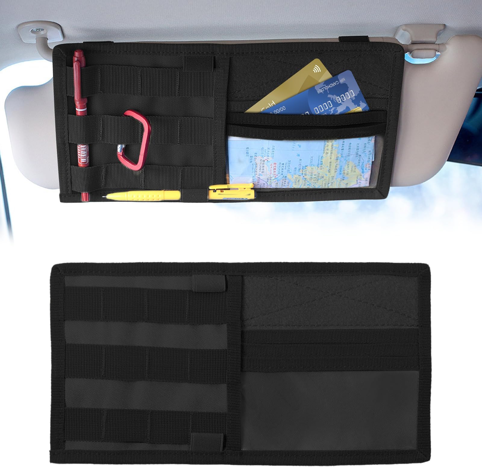 Hovom Car Sun Visor Organizer with Molle Panel, Tactical Visor Organizer Storage Pouch, Multifunctional Auto Sunshade Storage Bag Pocket for Documents Cards, Interior Car Accessories (Black)