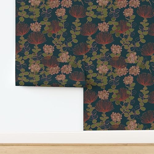 Miniatura 4 de Spoonflower Muestro de papel tapiz extraíble, diseño botánico oscuro hawaiano, flores florales hawaianas, color rojo, verde azulado, tropical,