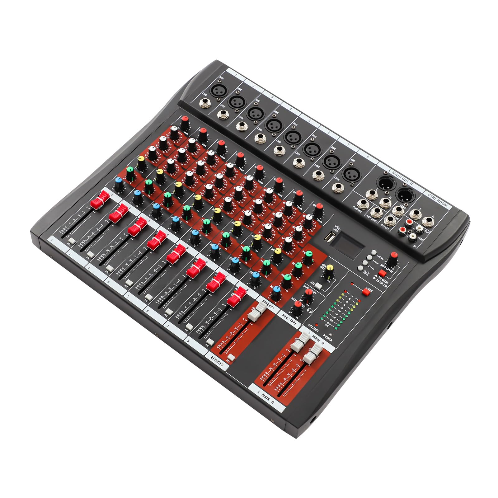 Table De Mixage Audio 8 Canaux Console Mixage Professionnelle LED Mixeur Audio Métal Noir, Mixeur Et Contrôleur MIDI Portable Et Ultra Performant Entrée XLR TRS +48V Phantom Sortie XLR RCA