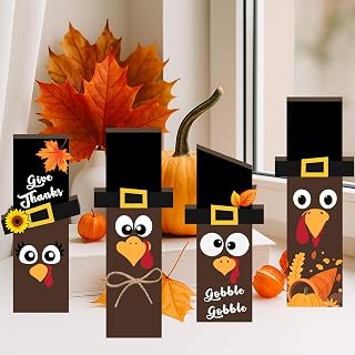 4PCS Thanksgiving Turkey Decorations Wooden Turkey Table Sign Thanksgiving Centerpiece Block Fall Tiered Tray Tabletop Decor for Office, Dining Room Harvest