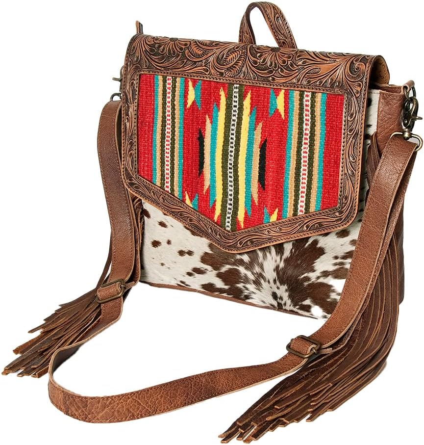 American Darling Messenger Bag for Women, Hand Tooled Floral Leather, Hair-On Cowhide, Saddle Blanket, Genuine Western Leather