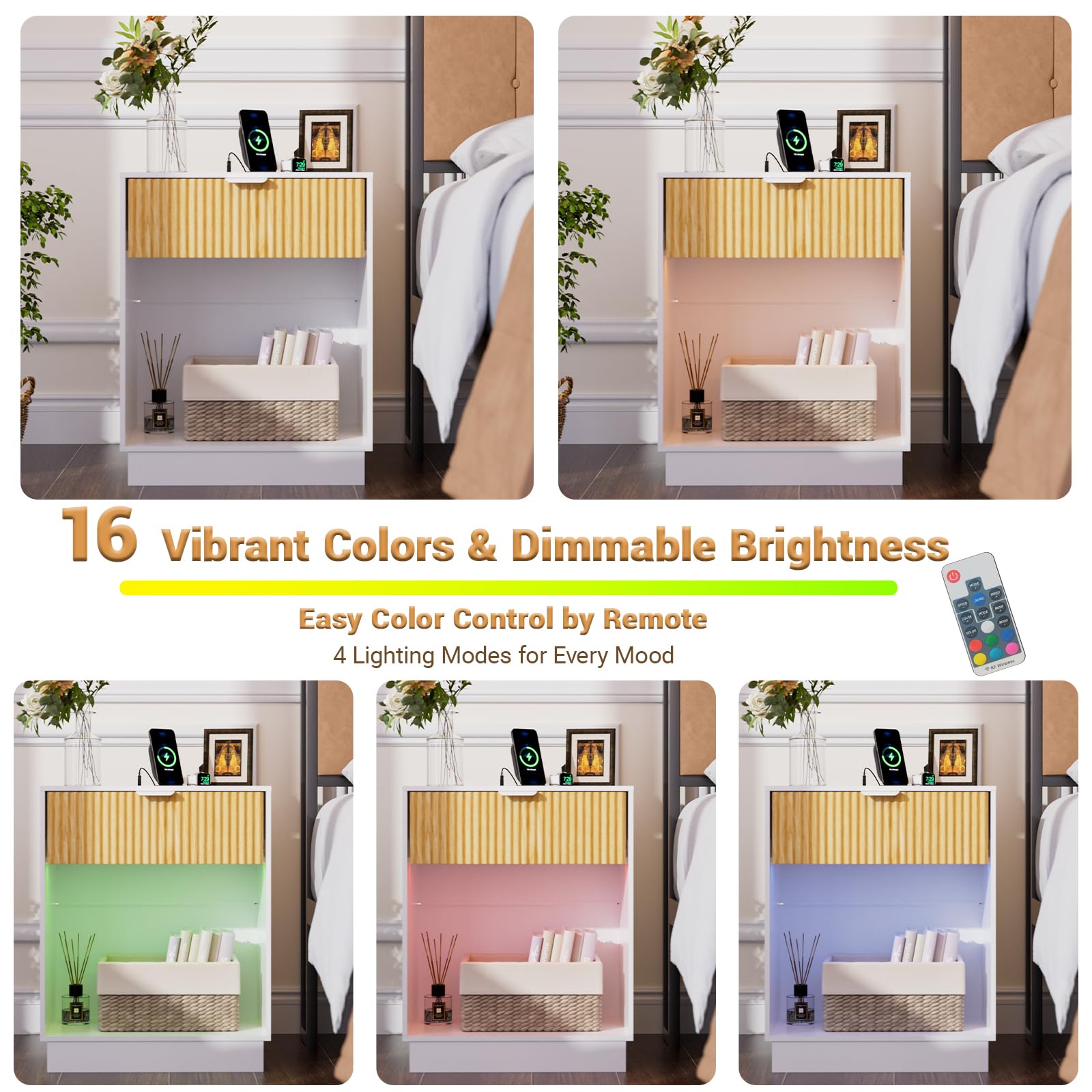 Set di 2 comodini scanalati con stazione di ricarica e luci LED integrate, comodini con cassetto a onde e ripiano aperto, sicuro per bambini, camera da letto
