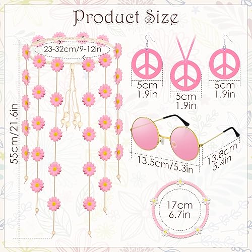 Miniatura 2 de Juego de 6 accesorios de disfraz hippie de flores, diadema hippie bohemio, collar y aretes y pulsera con signo de la paz