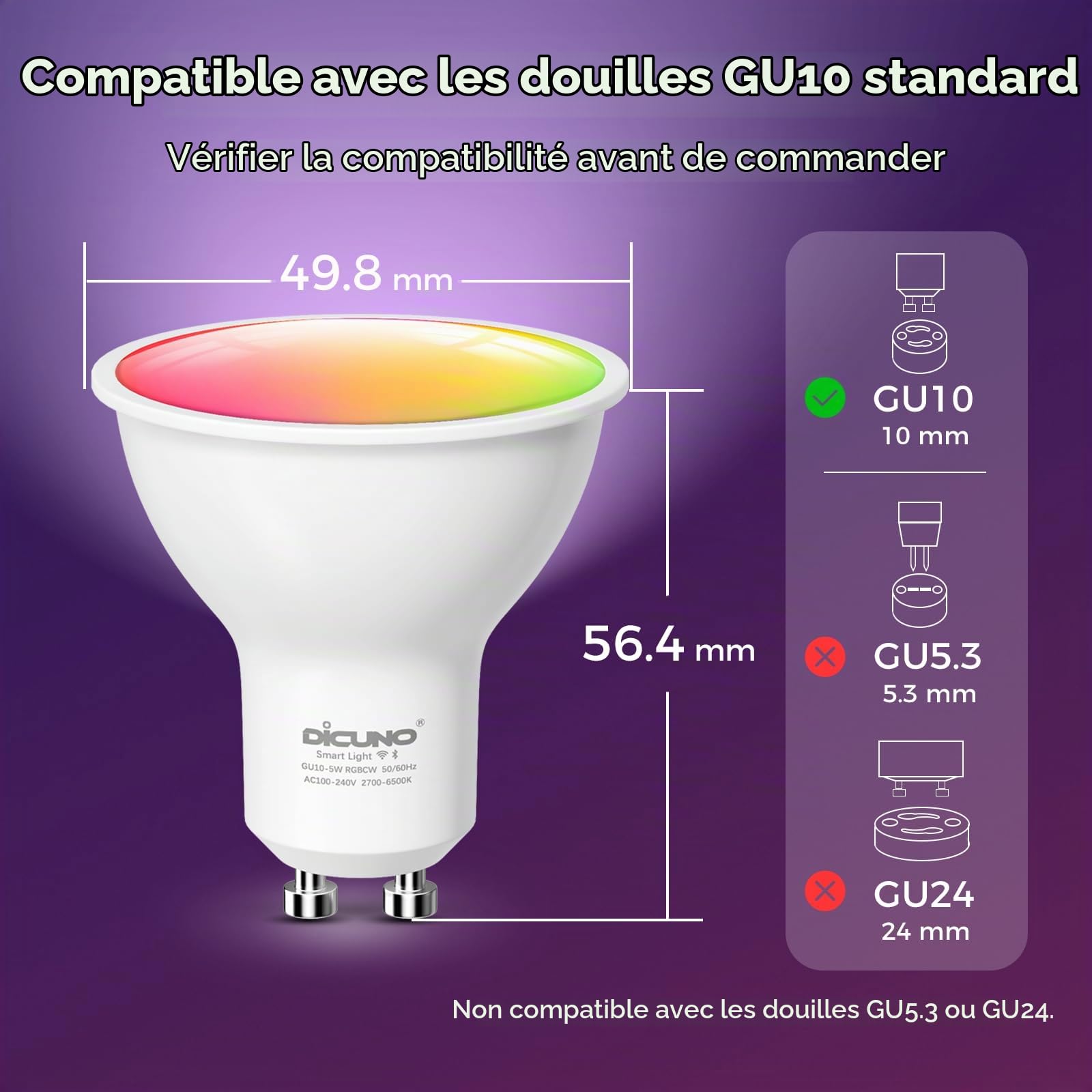 DiCUNO Ampoule Connectée GU10, 5W Équiv 50W, 2700K-6500K, 320lm, Lot de 4 | Ampoule WiFi LED Intelligente compatible avec Alexa et Google Home, Spot GU10 multicouleur RGBCW, Sans Hub Requis