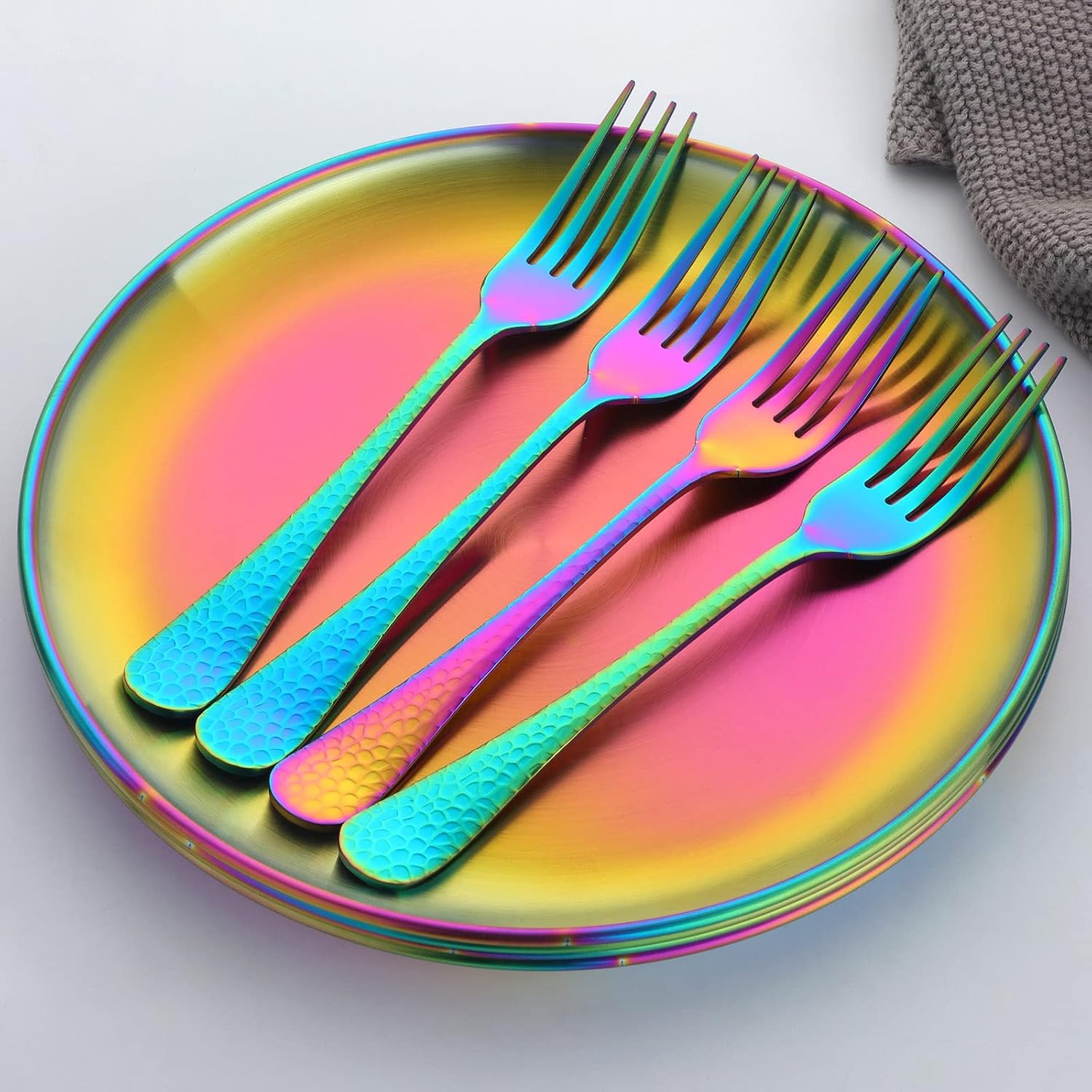 Buyer Star 12 Pieces Hammered Dinner Forks Set, 7.9 Inch Stainless Steel Forks,Table Forks,Flatware Forks, Mirror Finish & Dishwasher Safe,Use for Home,Kitchen or Restaurant (Rainbow)