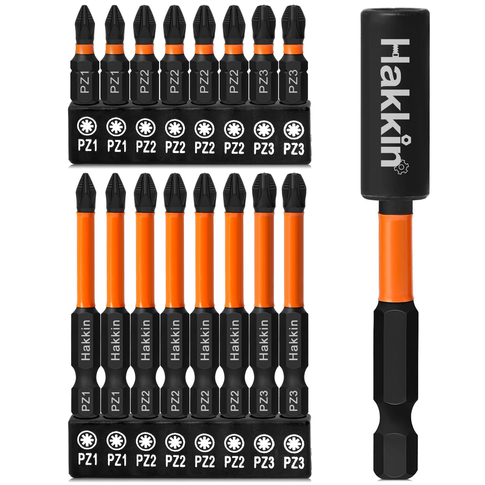 Hakkin 17pcs Pozidriv Impact Screwdriver Bit Set S2 Steel PZ1 PZ2 PZ3 Pozidriv Drive Bit 60mm, 25mm Cross Screw with 1Pcs 75mm Bit Extension Holder