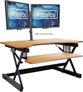 Rocelco 32" Height Adjustable Standing Desk Converter - Sit Stand Computer Workstation Riser - Dual Monitor Retractable Keyboard Tray Gas Spring Assist - Teak Wood Grain (R EADRT)
