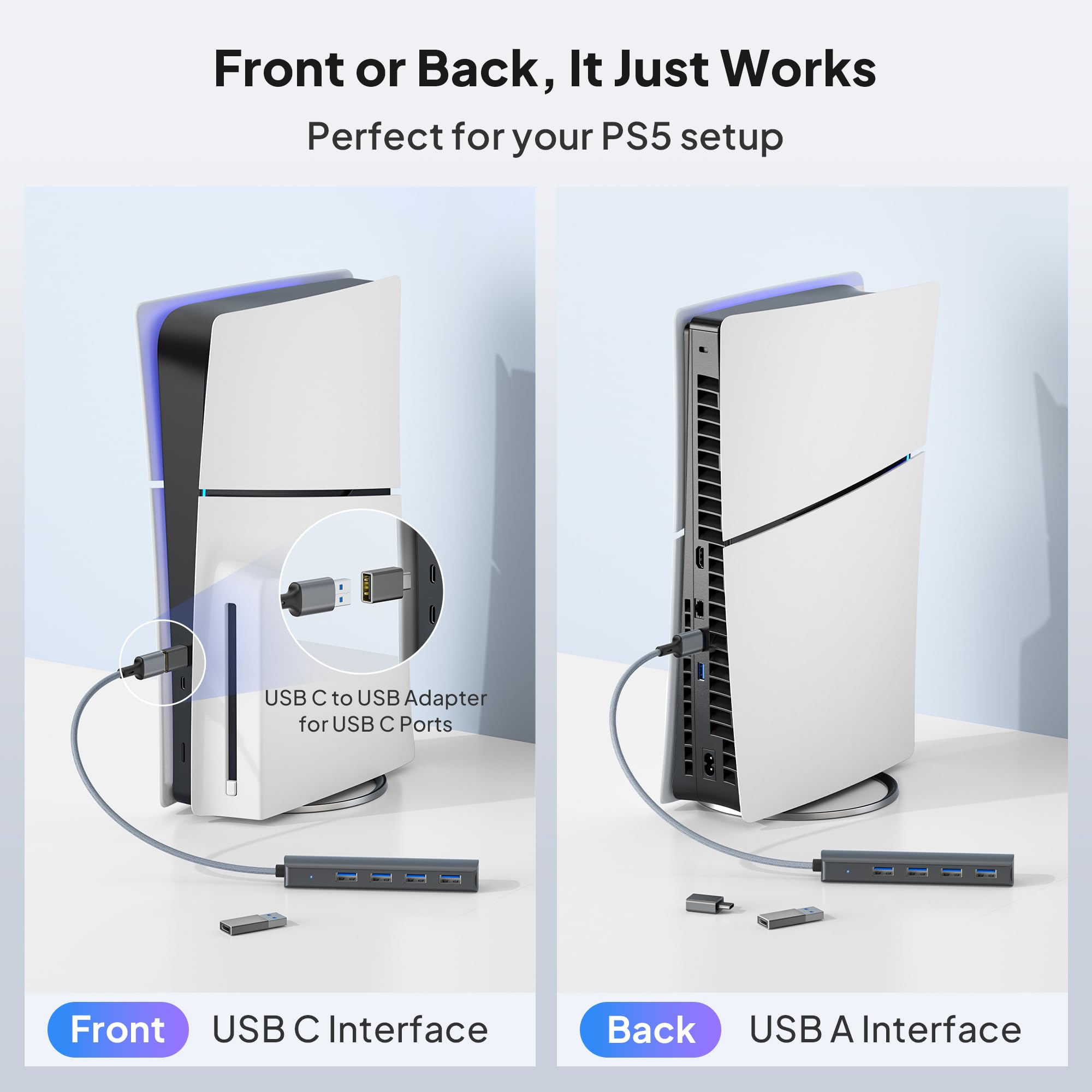 Elebase Hub USB do PS5 Pro/Slim 4 Port USB 3.0 Multiple Splitter 1 in 4 | Wyjścia Rozdzielacza z Kablem 60CM Long Cable, 5Gbps High-Speed Extender Hub z Funkcją OTG & USB Adapter Do Konsoli PS4 PS5