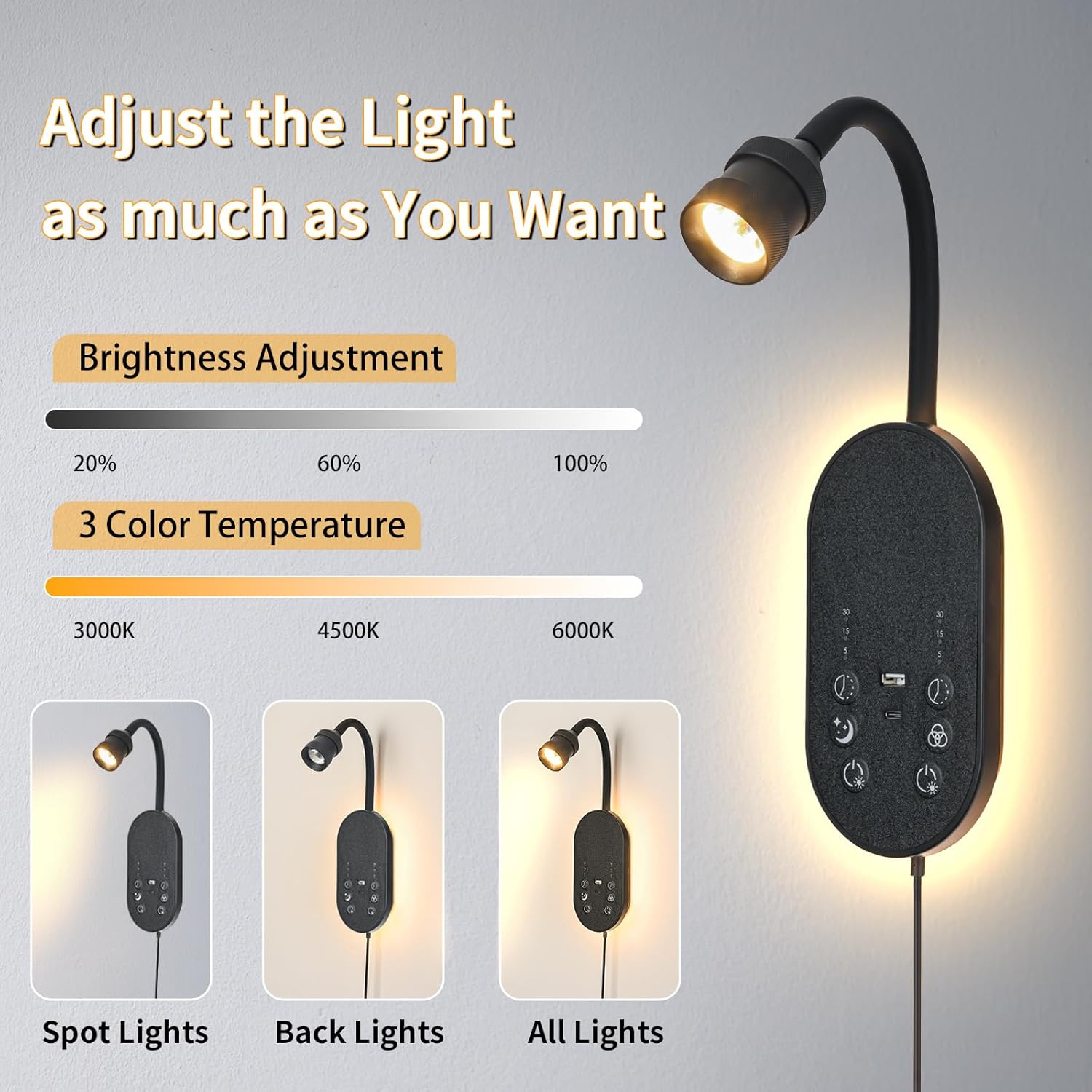 Wall Mount Reading Light for Bed Set of 2, Reading Lamp with USB C+A, Stepless Dimmable Touch Control Book Lights, Flexible Gooseneck Plug in Wall Sconces, 2 Easy Install Options Bedside Lamp