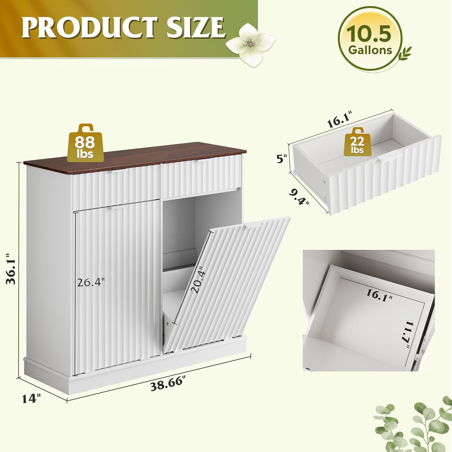 WLIVE 2 * 10 Gallon Double Tilt Out Trash Can Cabinet, Hidden Trash Can Cabinet with Storage Drawers,Food/Clothes Storage Pet Proof Wooden Trash bin Cabinet for Kitchen, Home, Laundry (White)