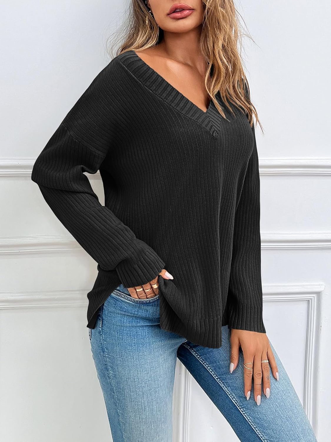 Saodimallsu Womens V Neck Sweater 2025 Fall Oversized Ribbed Knit Trendy Slit Casual Loose Fit Long Sleeve Pullover Top - Image 5