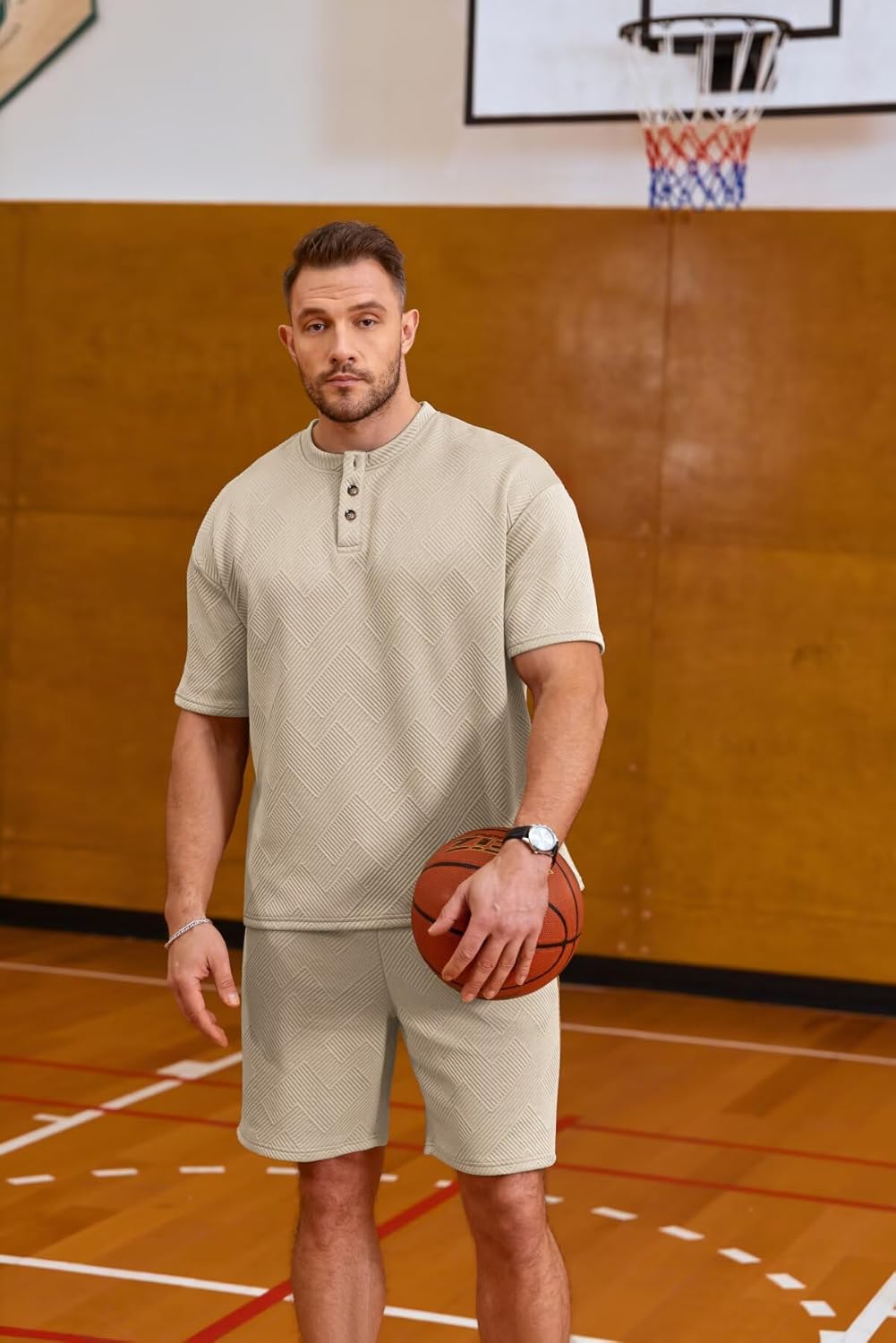 Men's Henley Shirt and Short Sets 2 Pieces Outfits Sweatsuits Set Summer Jacquard Tracksuit Jogging Matching Sets - Image 7