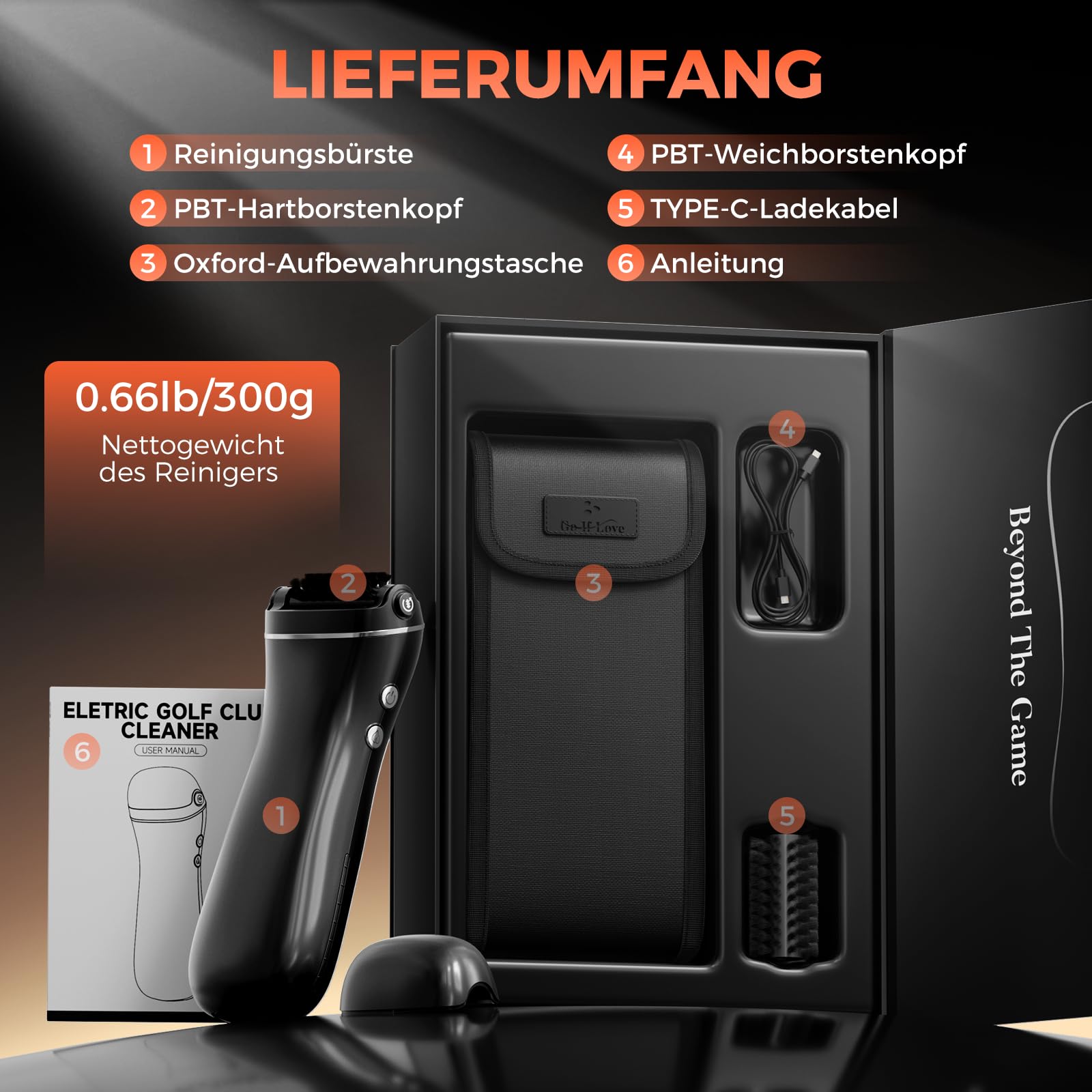 Elektrische Golf Bürste mit Wassertank, 360°Auto‑Rotation Golfschläger Bürste, 100ml Tank, 2000 mAh USB-C Schnellladung, 2 Precision Brush& 2 Stufen, Transporttasche, Golf Geschenk