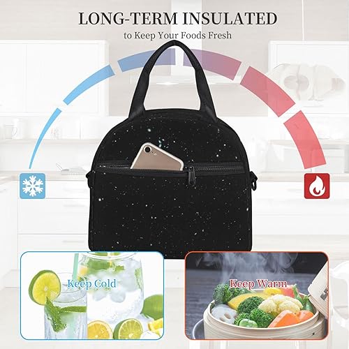 Miniatura 6 de Bolsa de almuerzo aislada con estampado de purpurina negra para mujeres y hombres, lonchera de picnic, bolsas de mano para trabajo, oficina,