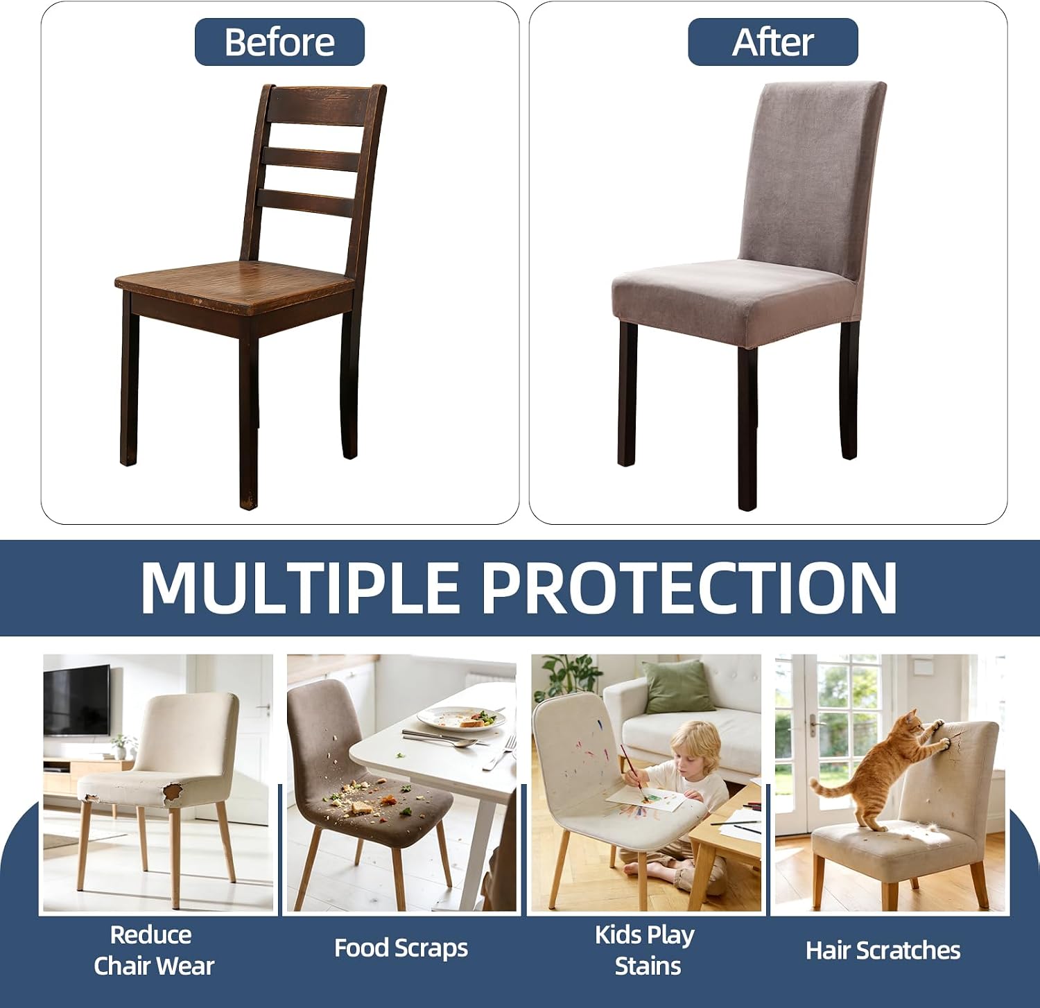 100% Waterproof Chair Covers for Dining Room Set of 6, Soft Thick Velvet Stretch Parson Chair Slipcovers for Kitchen Chairs, Removable Washable Chair Protector, Taupe