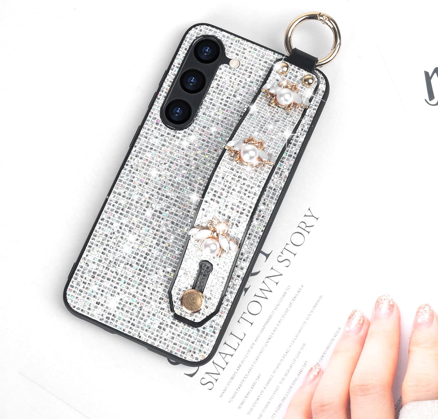 Guppy Compatible with Samsung Galaxy S24 Plus Bling Stand Holder Case, Luxury Sparkle Bling Protector Cover with Stand Holder Hand Strap,Glitter Cute Bee Wrist Strap Kickstand Phone Case image 5