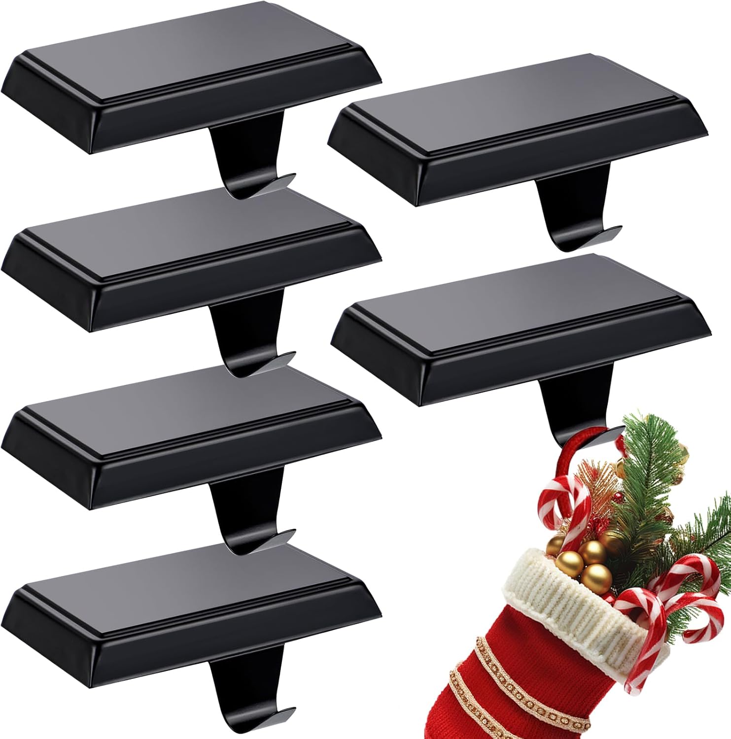 Christmas Stocking Holders for Mantle Set of 6 Weighted Stocking Holders with Non-Slip Base Metal Fireplace Hooks for Christmas Fireplace Mantle Decor Black