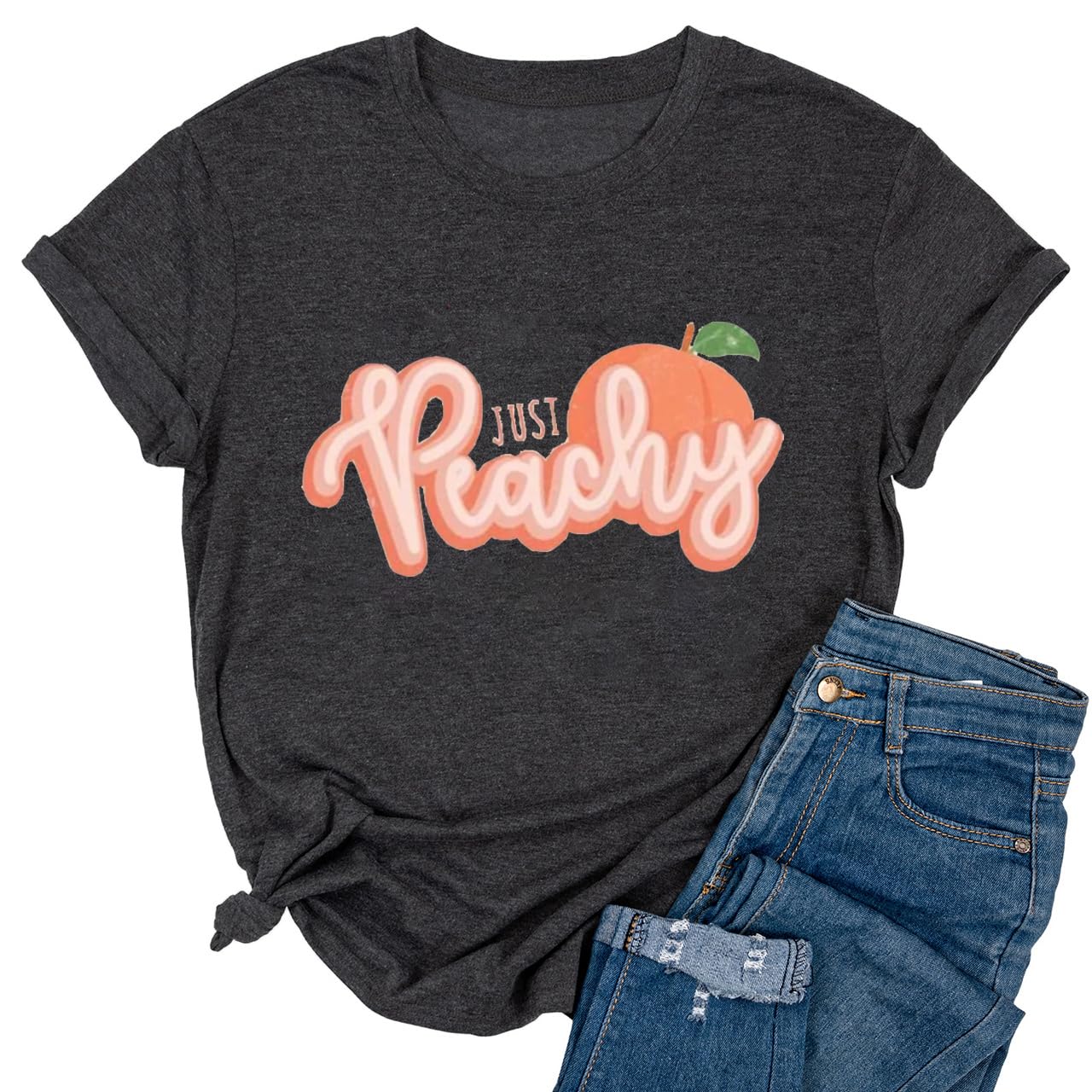 Ykomow Just Peachy T Shirt Womens Short Sleeve Casual Summer Graphic Tees Tops: 6-dark Grey Small
