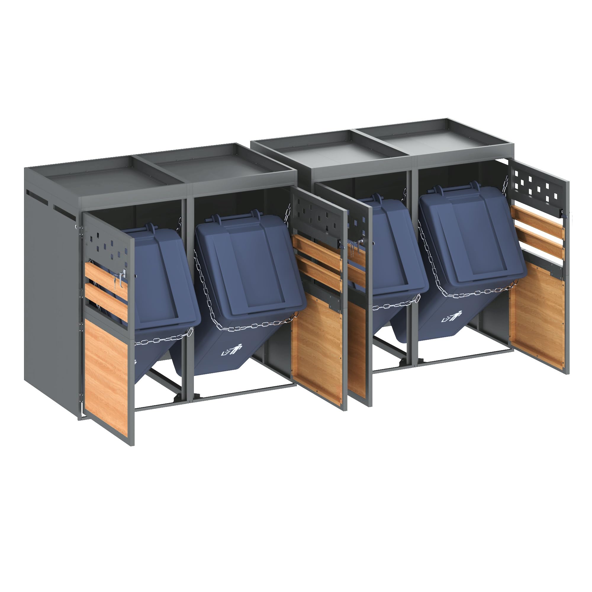 Mülltonnenbox 4-er mit Pflanzdach 120-240 Liter, Mülltonnenverkleidung für Mülltonnen Müllbox, Gartenbox mit Mülltrennsystem, Abschließbar, Pflanzfläche, Holzoptik Türen, Grau