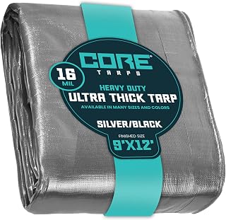 Core Tarps Extra Heavy Duty 16 Mil Tarp Cover, Waterproof, UV Resistant, Rip and Tear Proof, Poly Tarpaulin with Reinforced Edges for Roof, Camping, Patio, Pool, Boat (Silver/Black 9′ X 12′)