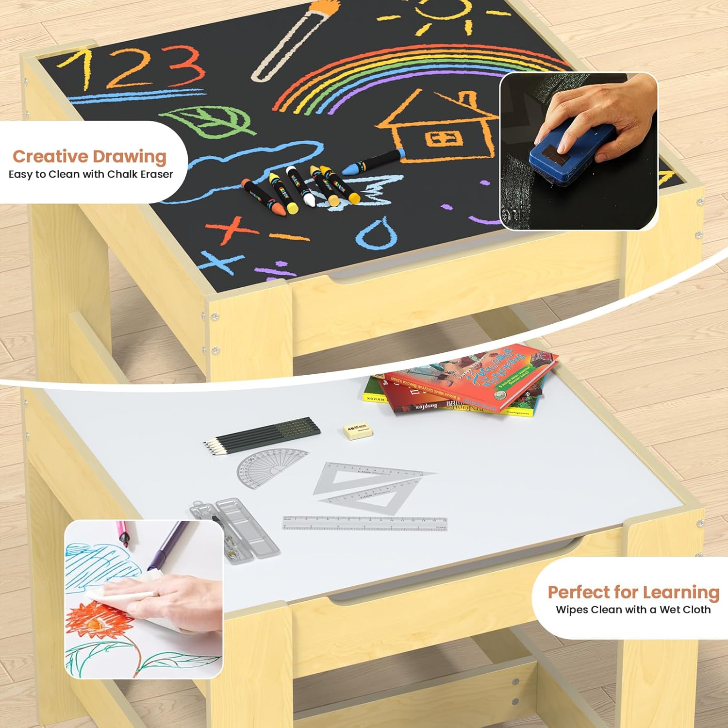 Toddler Table and Chair Set, 3 in 1 Wooden Kids Table and Chairs Activity Table with Detachable Graffiti Desktop & Storage Drawers for Ages 2-8