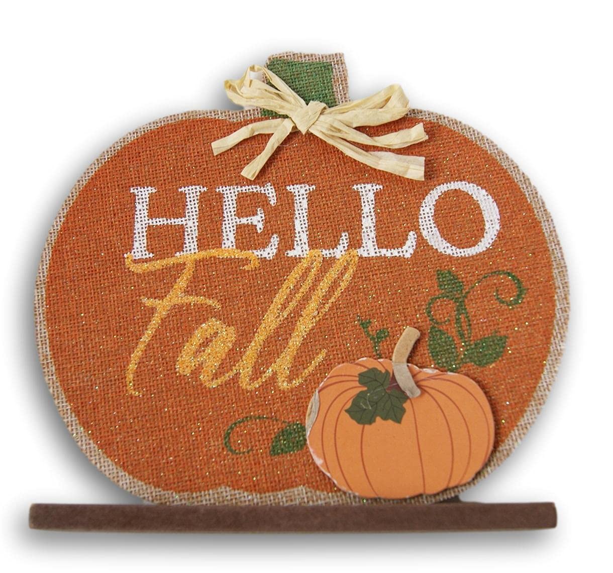 Autumn DecorRustic Pumpkin Burlap ''Hello Fall'' Stand Up Plaque Sign - 7'' x 7''