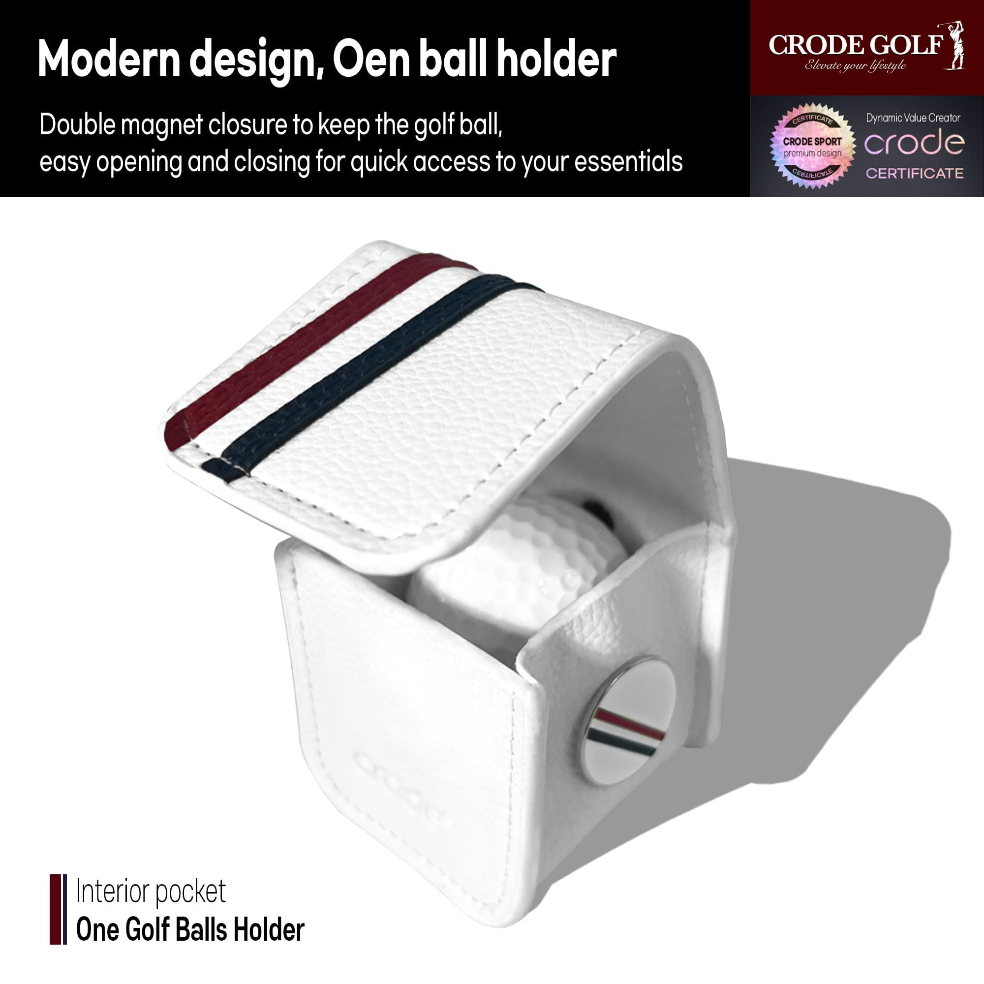 CRODE Golf Ball Bag and Tee Holder with Ball Marker, 3 in 1 Golf Ball Storage Carry Pouch, Premium Leather (1-Ball)