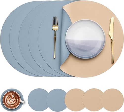 Miniatura 7 de Myir JUN Juego de 4 manteles individuales redondos de cuero sintético y posavasos 38 cm de diámetro para mesa redonda, manteles individuales de Gris