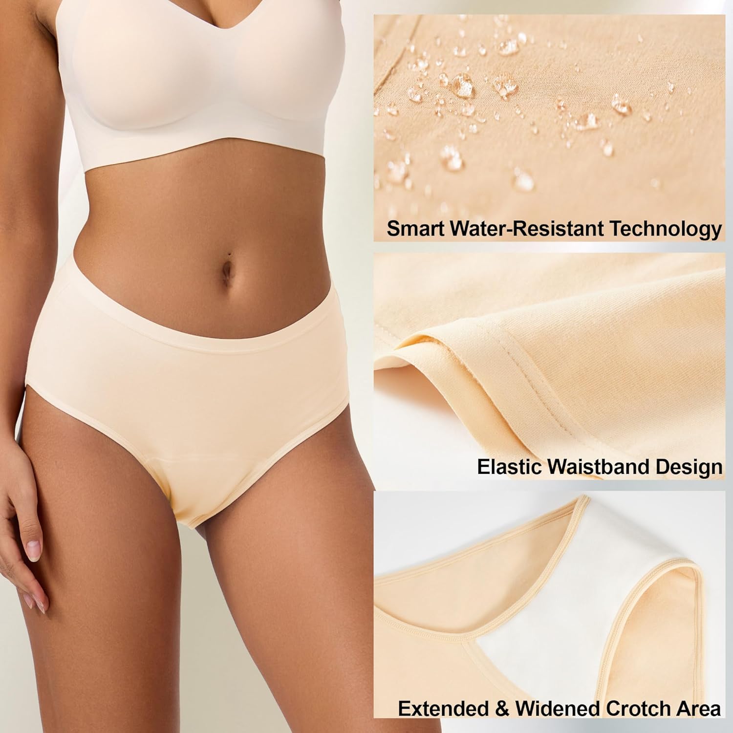 BATTEWA Mid-Waist Incontinence Underwear for Women Leak Proof Panties Protective Briefs for Bladder Control Washable Absorbency 40ML, 3Pack (Medium,Beige) - Image 5