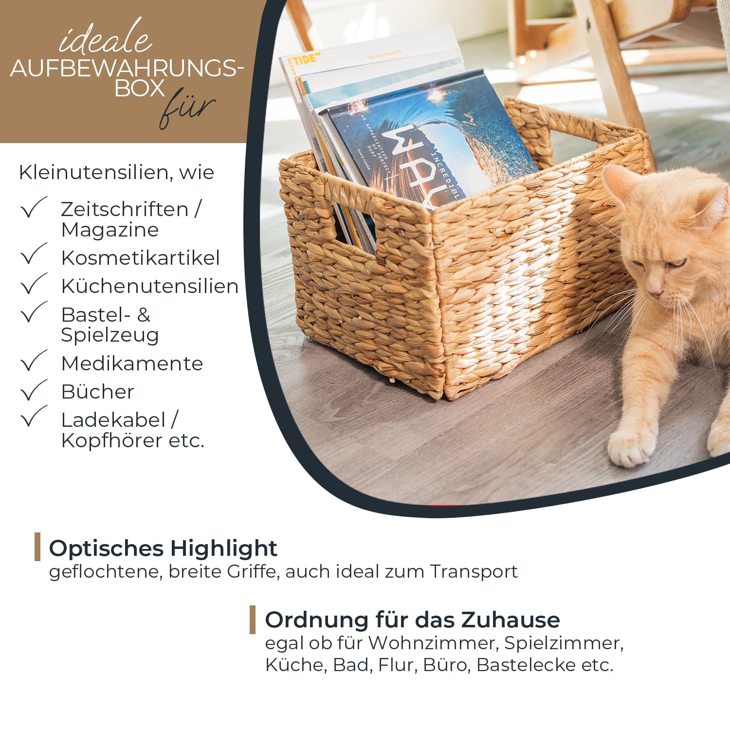HMF Aufbewahrungskorb geflochten aus Wasserhyazinthe, dekorativer Korb mit Tragegriffen zur Aufbewahrung für Badezimmer Küche und Wohnbereich | 2er Set | Größe M + L