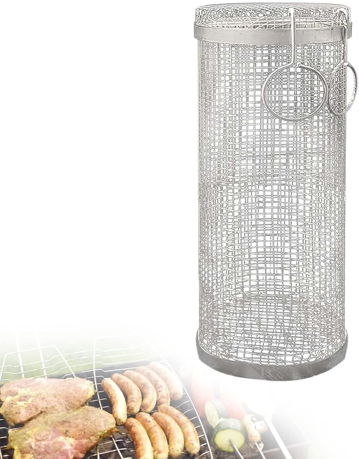 Stainless Steel Vegetable Grilling Basket – Round BBQ Grill Basket for Vegetables, Portable BBQ Roller, Perfect for Outdoor Grilling & BBQ Parties, Large Size (L)