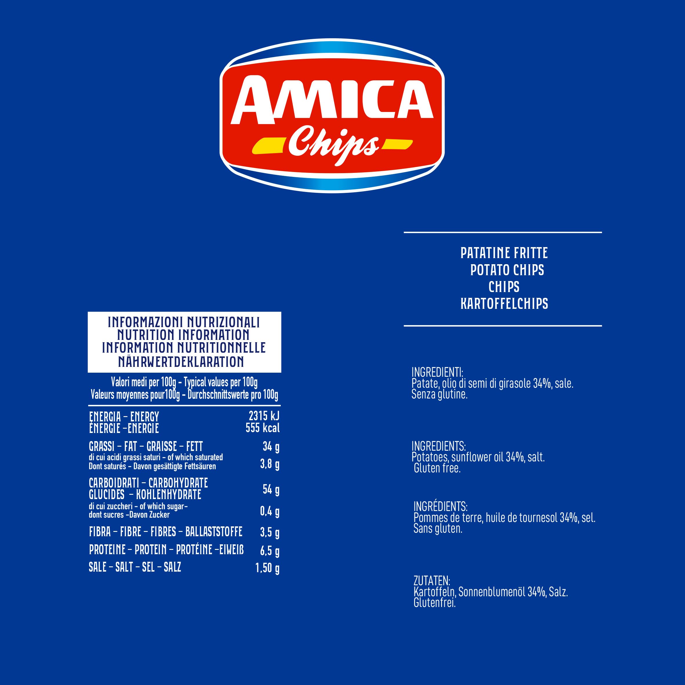 AMICA Chips | La Patatina Stikker, Sottili e Croccanti, Snack Senza Glutine, Con Olio di Semi di Girasole, 32 Pezzi x 50 gr