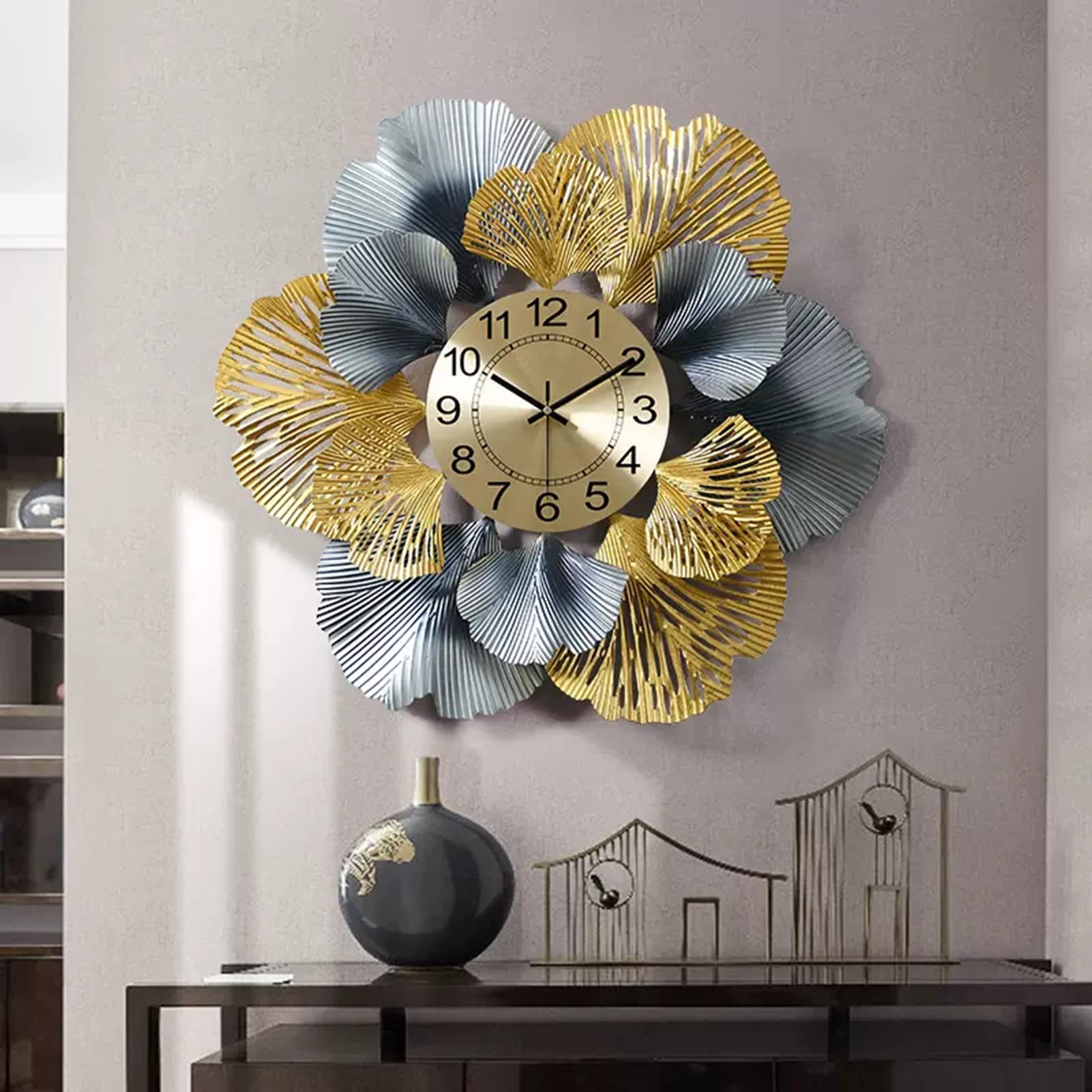 MYUYEE 3D Metal Ginkgo Leaf for Living Room ation, Silent Non Ticking Battery Operated Quartz Clock for Bedroom Dining Room Entrance Wall ation