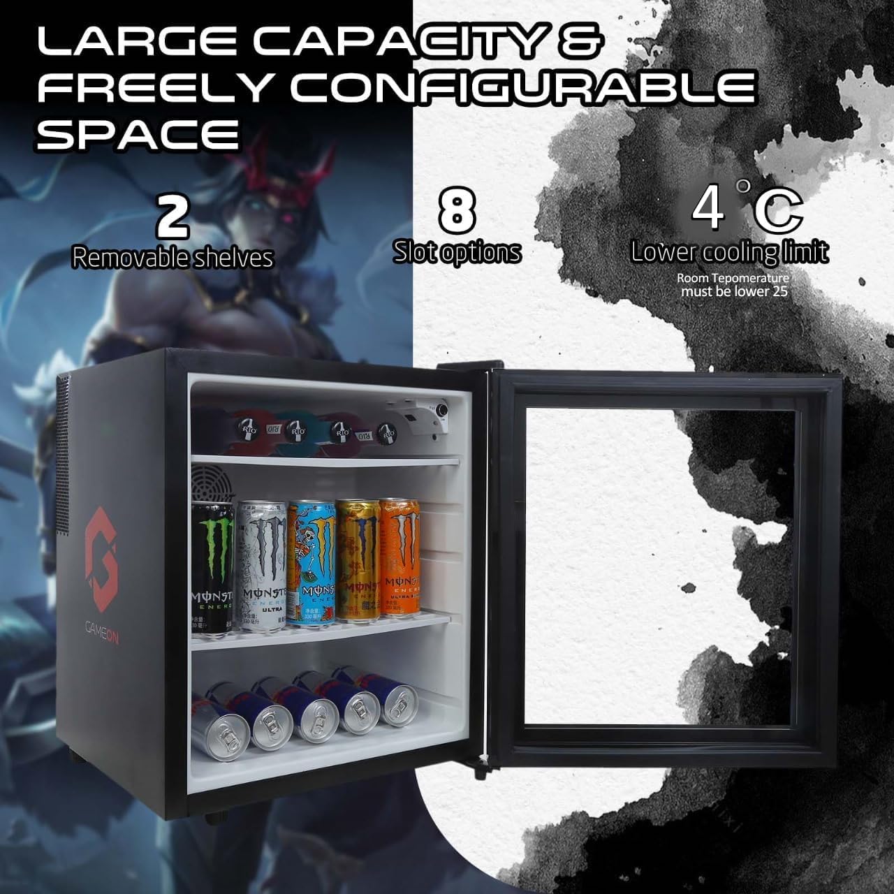 Interior view of the GAMEON Frostbite VI Mini Fridge with beverages on shelves.