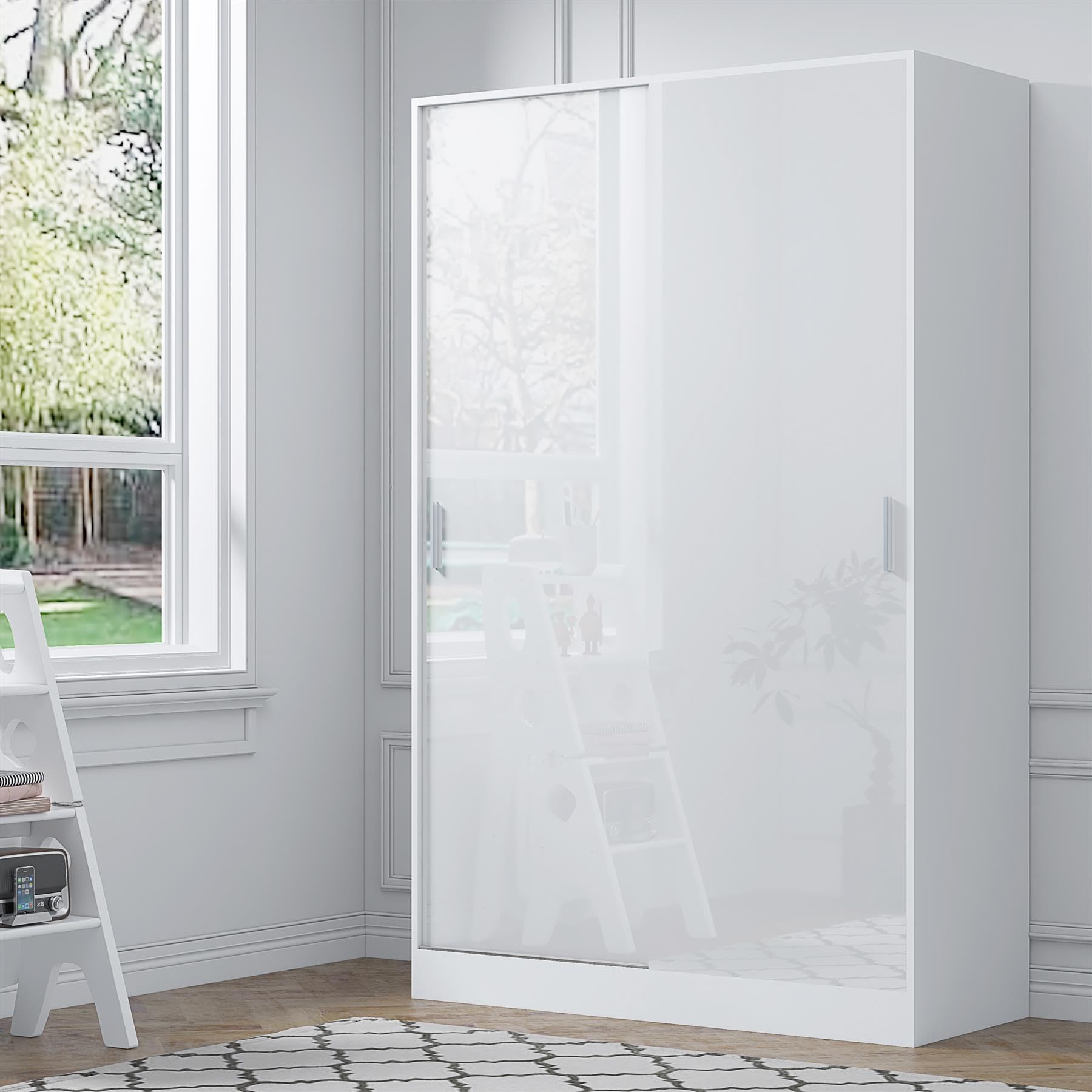 Reflect 2 Door Sliding Wardrobe | White Gloss & Matt White | Bedroom Storage with Hanging Rails & Shelves | H: 180cm x W: 120cm x D: 58cm | Modern Space Saving Design