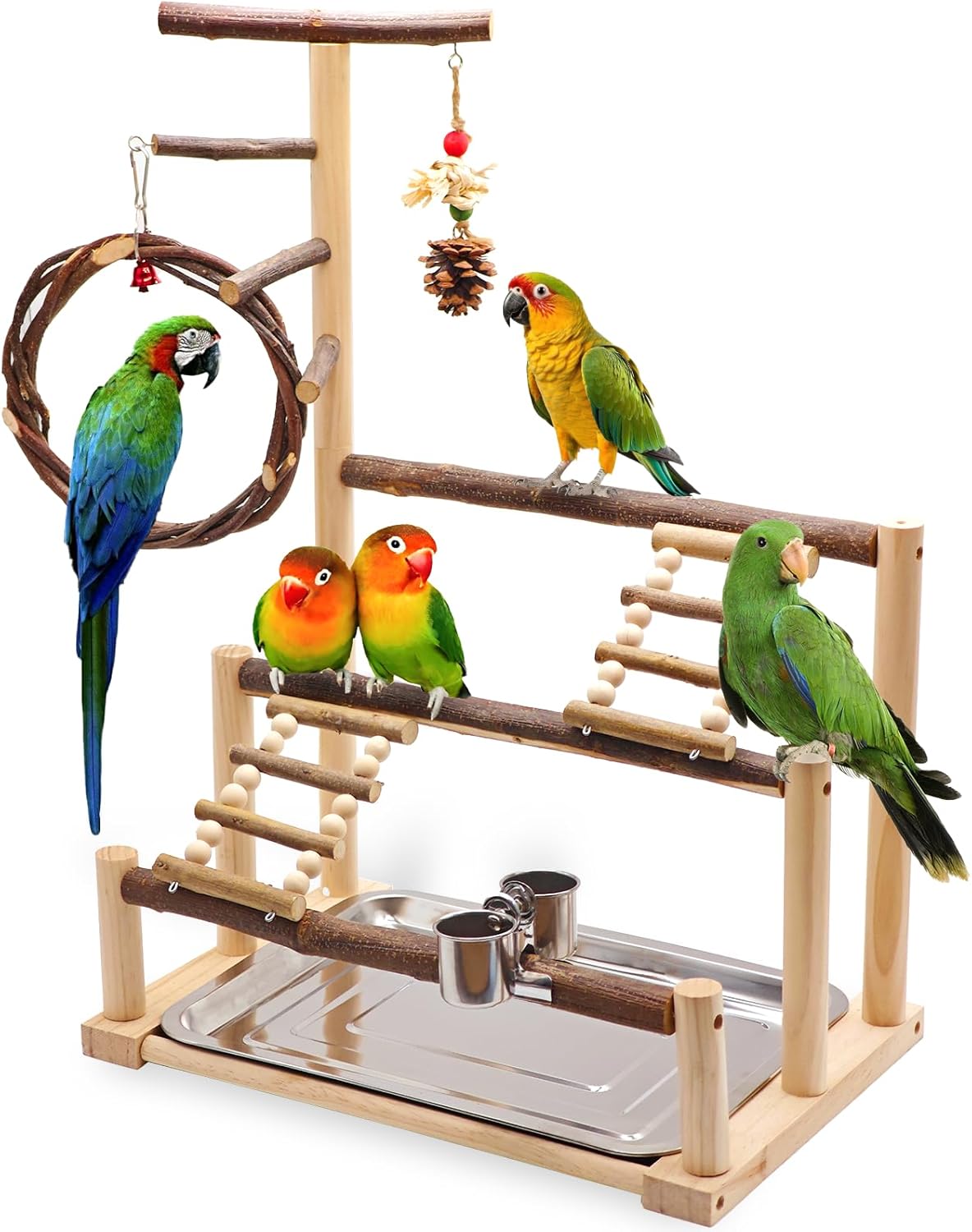 Bird Playground, Natural Wooden Parrot Stand Suitable for Small to Medium-Sized Birds, with Feeding Cups, Swing, Chew Toys,Bird Perch Ideal for Parakeets, Budgerigars, Conure Parrots