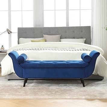 Storage Bench for Bedroom End of Bed Bench King Size, Long Modern Velvet Tufted Upholstered Window Ottoman Benches with Arm Bedroom Benches with Storage and Seating for Entryway Navy Blue, 65 inch