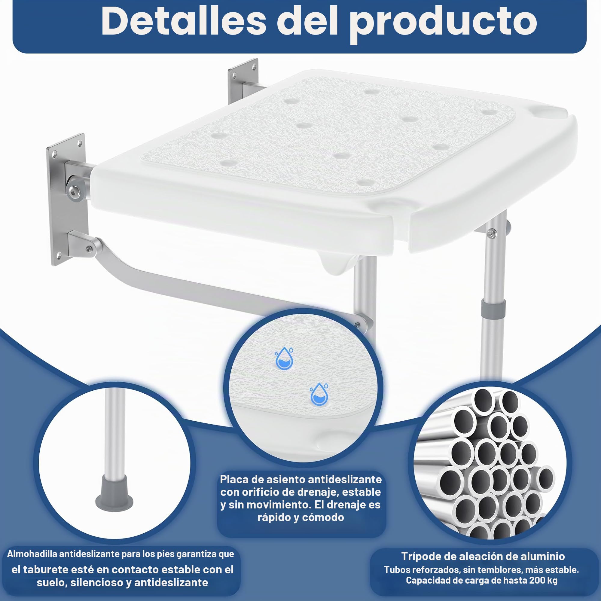 YRHome Asiento de ducha plegable para montaje en pared, silla de ducha plegable con soporte para ducha, asiento antideslizante con drenaje y ahorro de espacio, altura ajustable para personas mayores