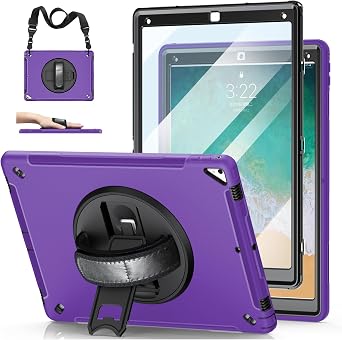 iPad Pro 12.9 2nd Gen 2017 & 2015 1st Generation Case, Heavy Duty Rugged Shockproof Protective Cover 360 Degree Rotatable Stand + Handle Hand & Shoulder Strap + Pencil Holder - Purple