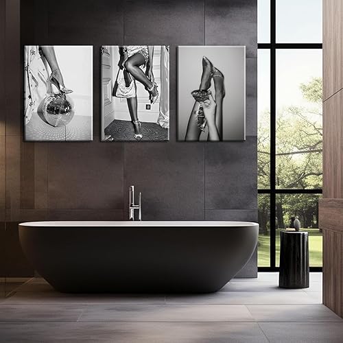 Miniatura 7 de Juego de 3 lienzos de pared de moda para mujer, diseño feminista de moda en blanco y negro, tacones altos en discoteca, bar, carrito, mujer, beber