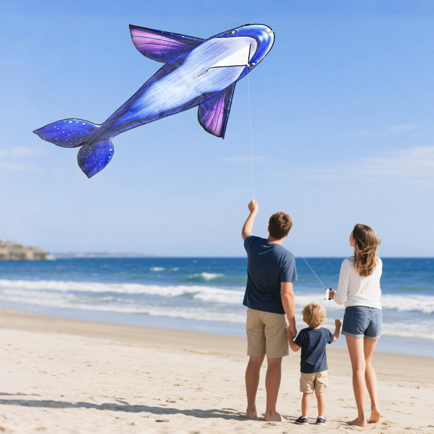 Giant Whale Kite with 328ft Line - Large Easy-to-Fly Ocean Design Outdoor Flying Toy for Beach, Park, Garden - Family Fun Activity with Portable Carry Bag, Durable Kite for Kids & Adults (Single)