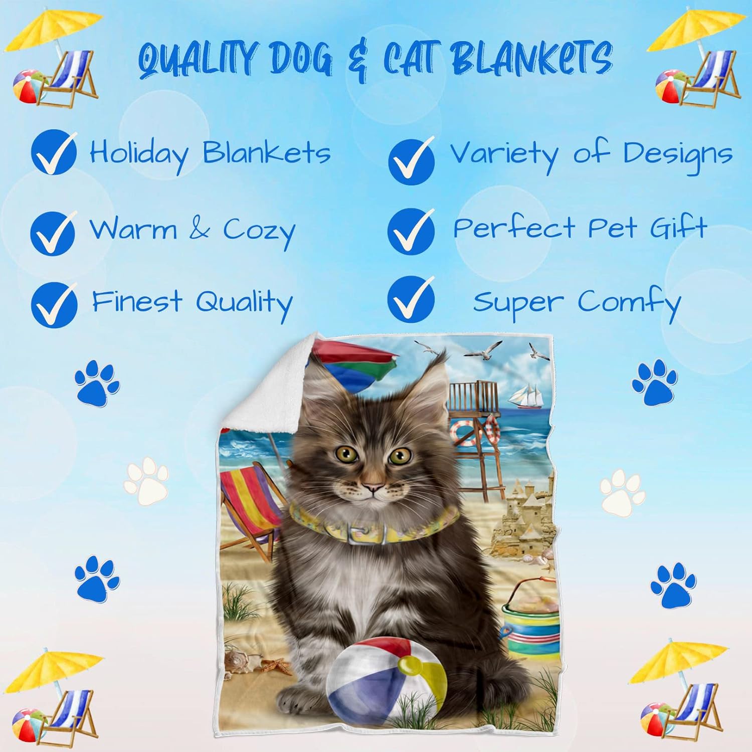 Pet Friendly Beach Maine Coon Cat Blanket - Lightweight Super Soft Cozy and Durable Bed Blanket - Animal Theme Fuzzy Blanket for Sofa Bed Couch BLNKT56301 (30x40 Fleece)