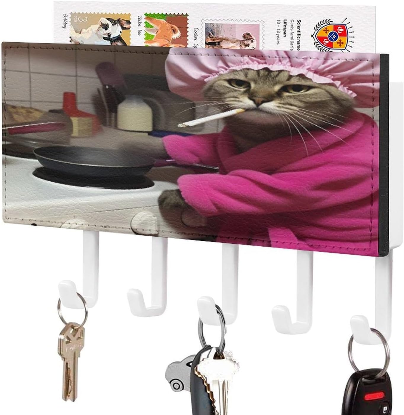 Funny Cooking Cat Key And Mail Holder Wall Mounted White 5 Hooks Decorative Mail Organizer with Mounting Hardware, PU Leather Key Rack Hanger for Wall Entryway Hallway Living Room Home Decor