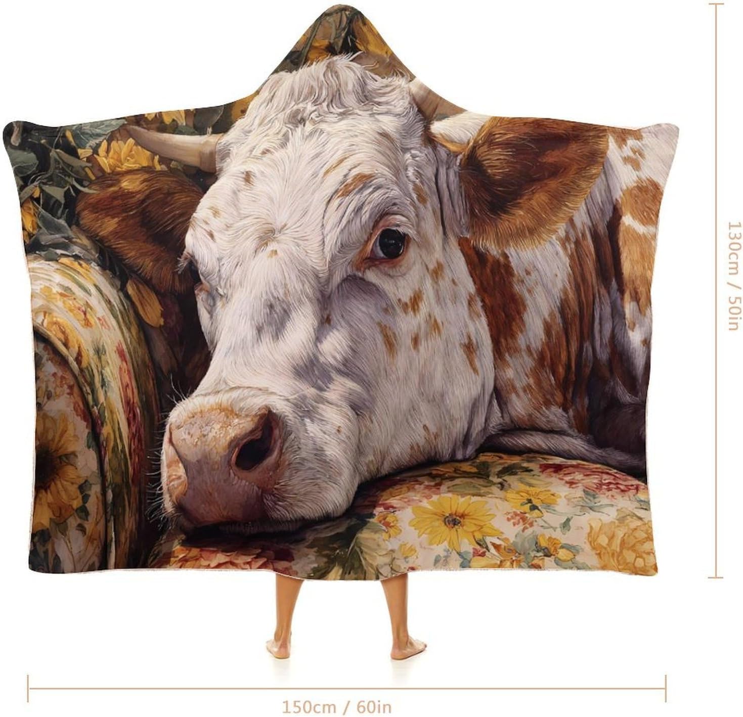 Sunflowers Cow Lies on Sofa Wearable Blanket Hoodie | Flannel Fuzzy Machine Washable Home Camping Lounging