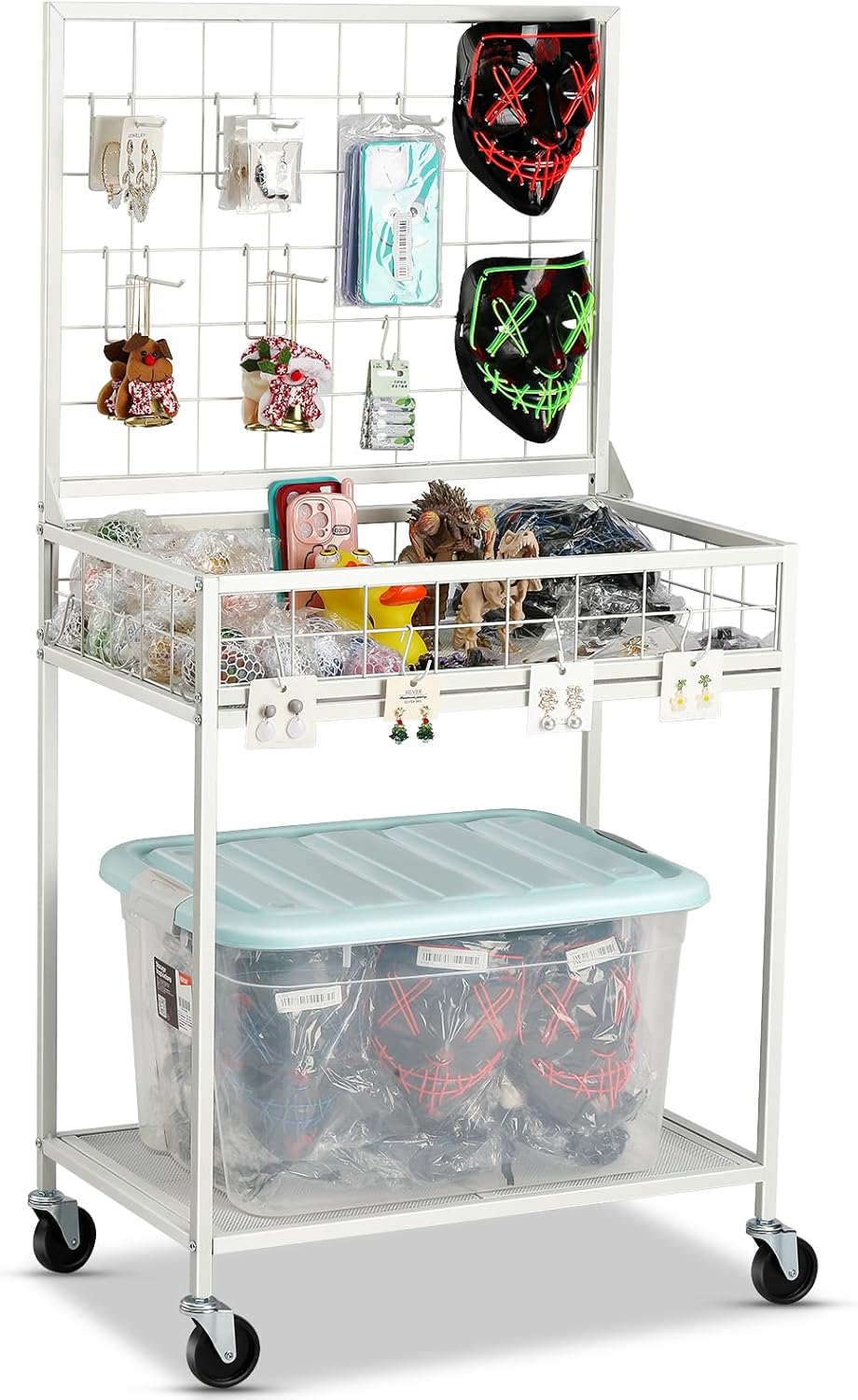 Grid Wall Panels Display Cart - Rolling Heavy Duty Metal Wire Grid Wall Display Stand Rack with 10 Hooks & 10 S Hooks for Craft Shows, Retail Art Fair and Flea Market (Black Cart, 1 pc)