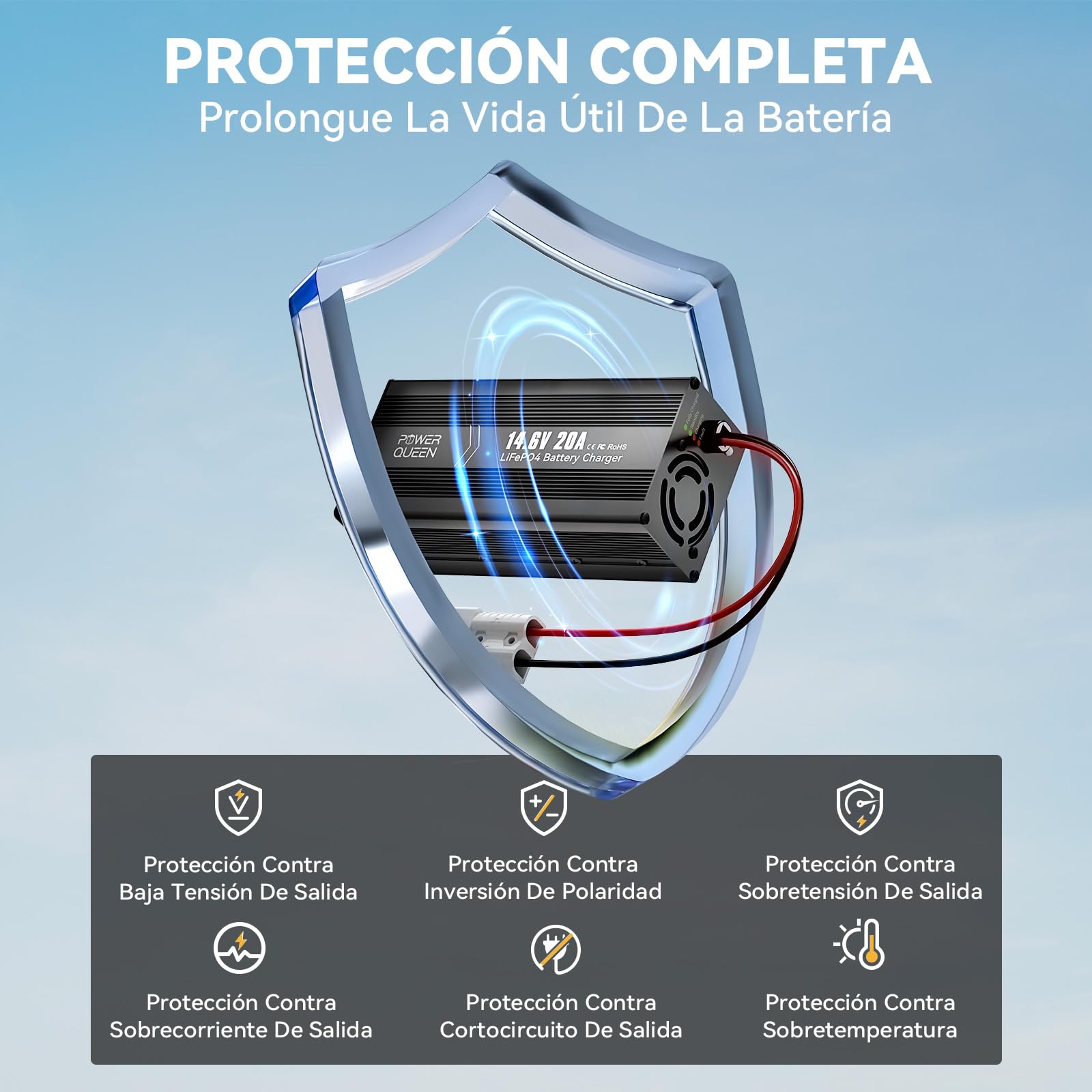 POWER QUEEN Cargador LiFePO4 14.6V 20A para Baterías de Litio | Carga Automática de 20A para LiFePO4 de 12V,con Conector Anderson de 50A e Indicador LED para Ver el Estado de Carga