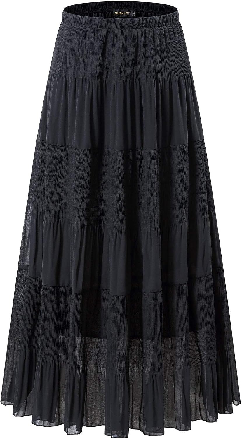Chiffon Maxi Skirt for Women High Waist Pleated A-Line Flared Elegant Flowy Skirt Casual Party Dress, Black, XL