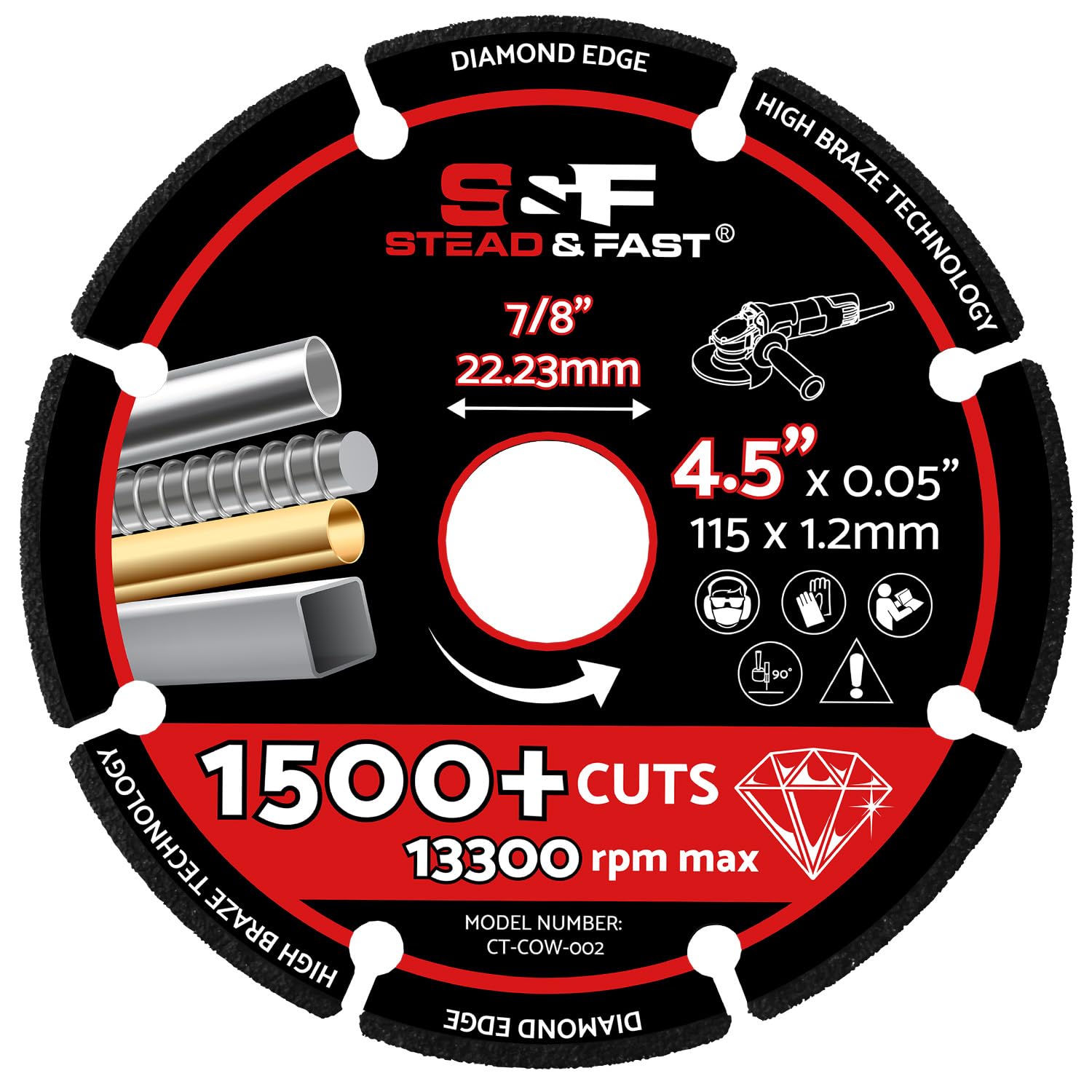 S&F STEAD & FAST 4 ½ Cut Off Wheel for Metal for 7/8” Arbor, Steel-Core Diamond Edge Cut-Off Wheel for Angle Grinder, Precise Cuts for Stainless Steel, Alloy, Copper, Cast Iron, INOX, Bolts